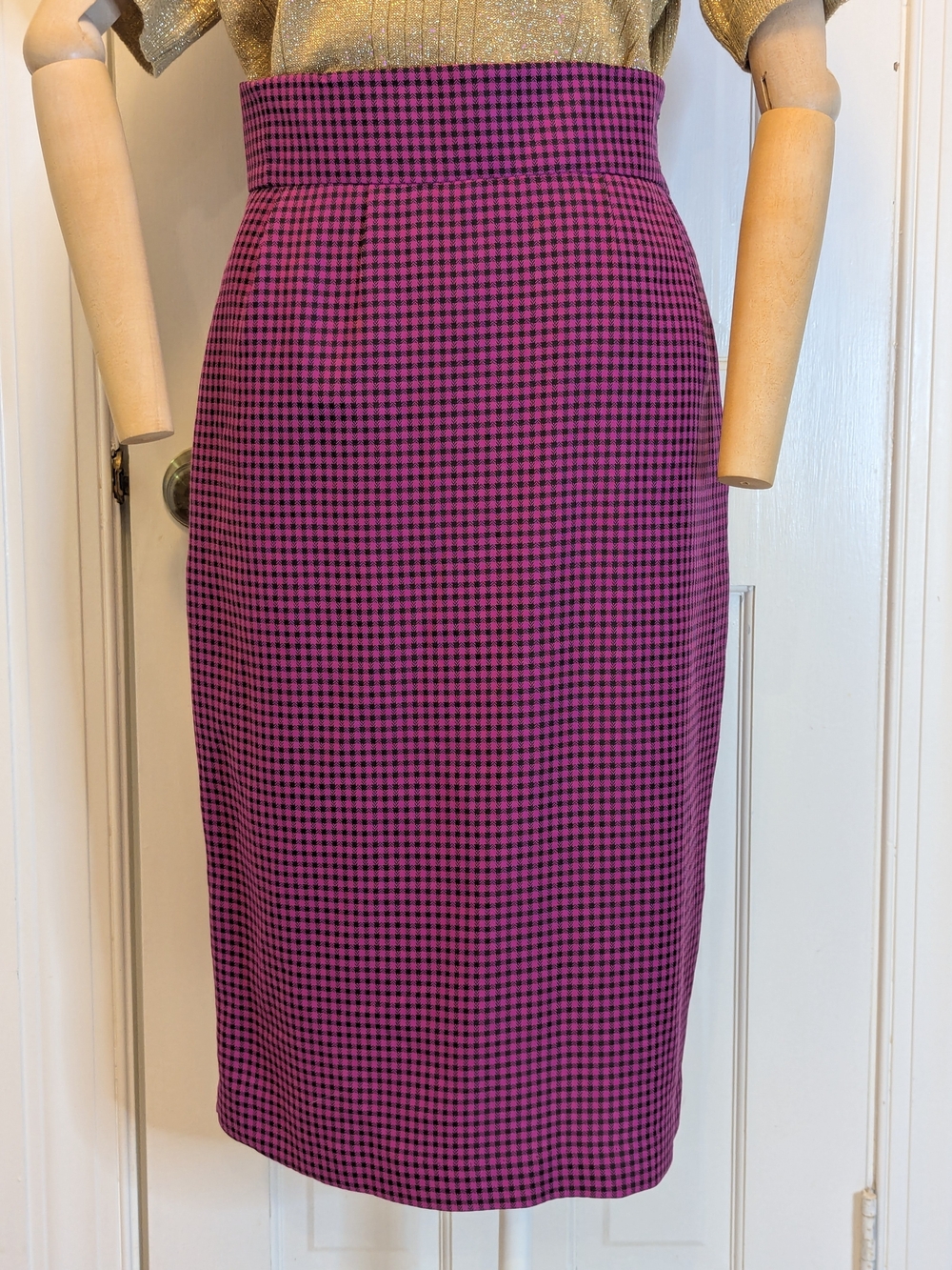 Vintage 80s Leslie Lucks Purple Plaid Check Pencil Skirt W/ Pockets